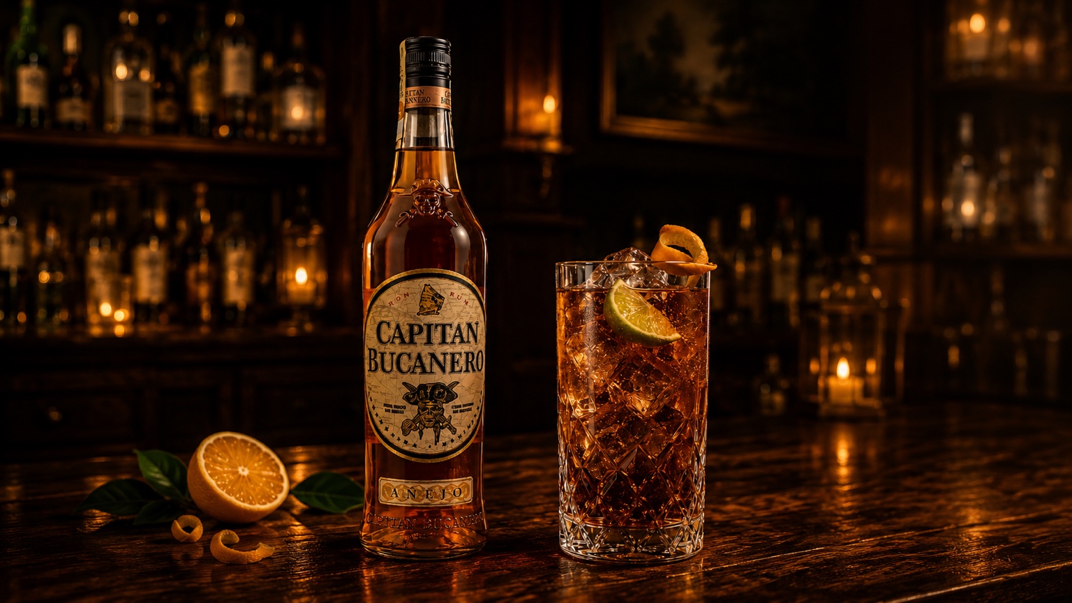 Celá lahev Capitan Bucanero Añejo s rumovým long drinkem