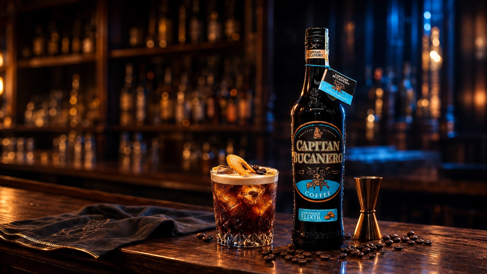 Celá lahev Capitan Bucanero Coffee s kávovým drinkem v nočním baru