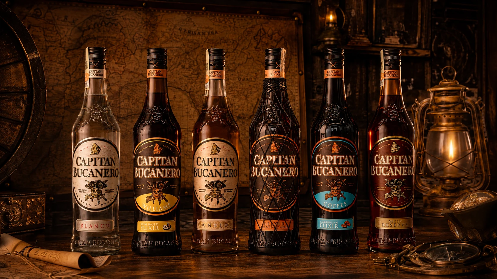 Šest lahví Capitan Bucanero Blanco, Williams, Añejo, Elixír, Coffee a Reserva v kapitánské kajutě