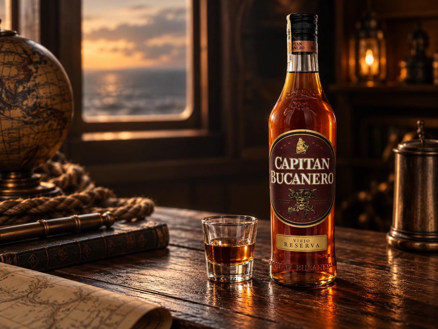 Capitan Bucanero Reserva se sklenkou rumu v kapitánské kajutě