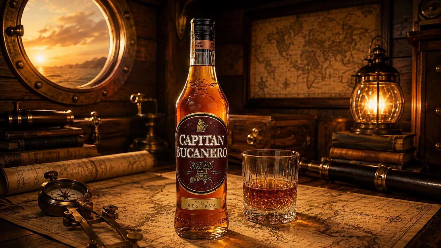 Capitan Bucanero Reserva se sklenkou rumu na kapitánské mapě