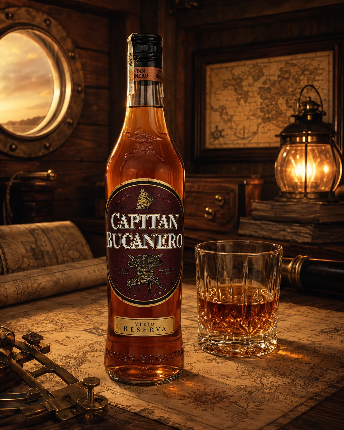 Celá lahev Capitan Bucanero Reserva se sklenkou rumu v kapitánské kajutě
