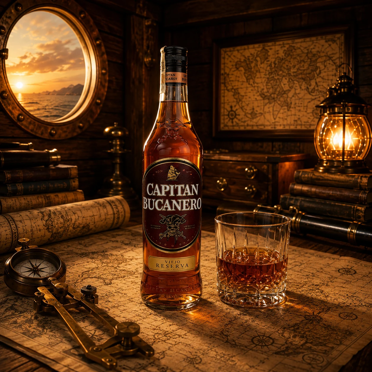 Capitan Bucanero Reserva v kapitánské kajutě při západu slunce
